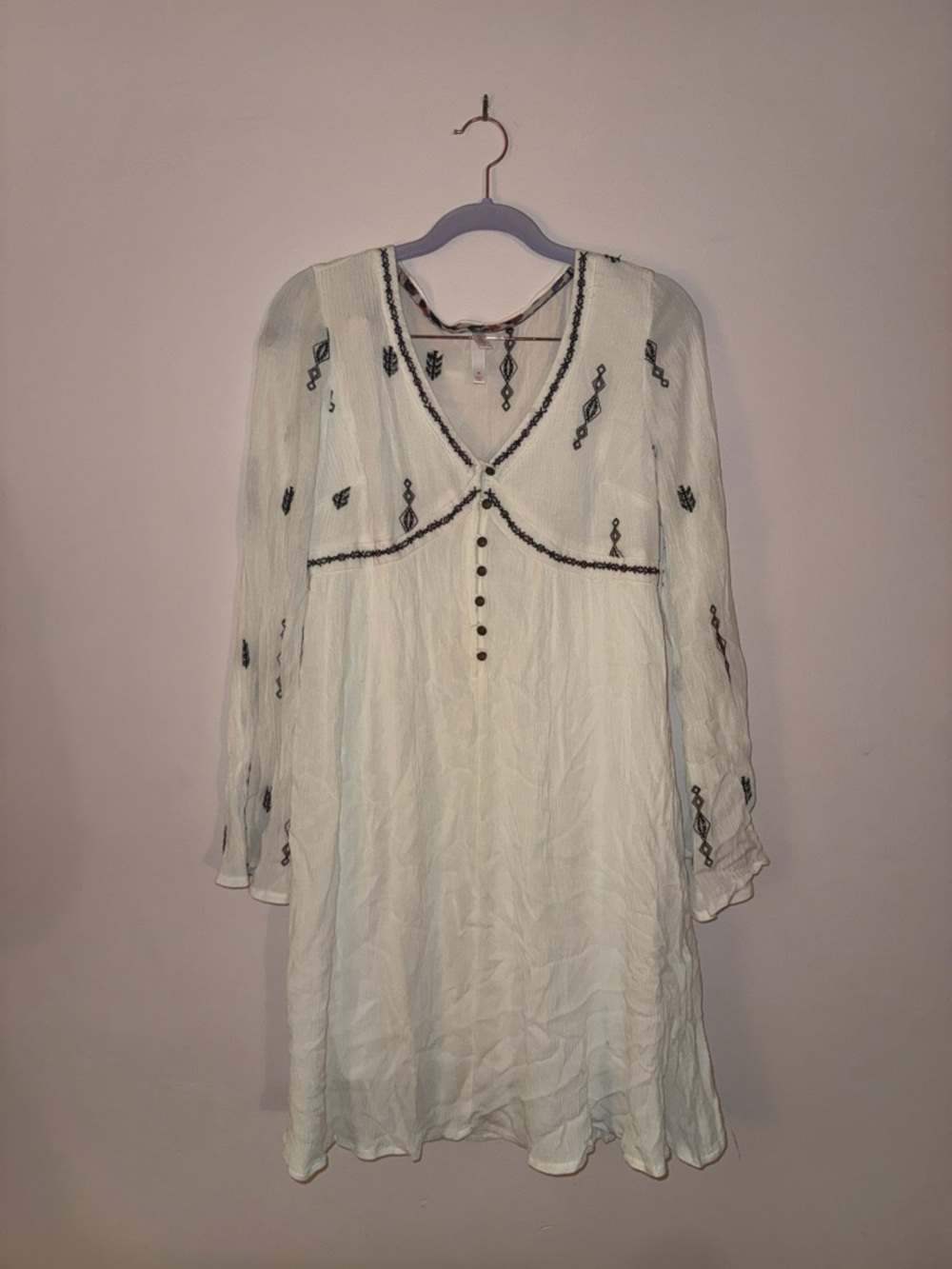 Xhilaration White Long-Sleeve Embroidered V-Neck Dress